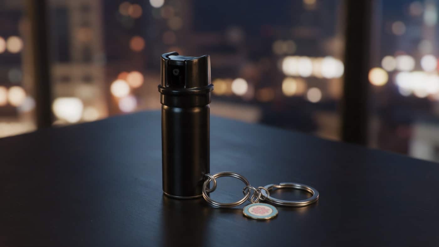Bombe lacrymogène de poche avec porte-clés posée sur une table