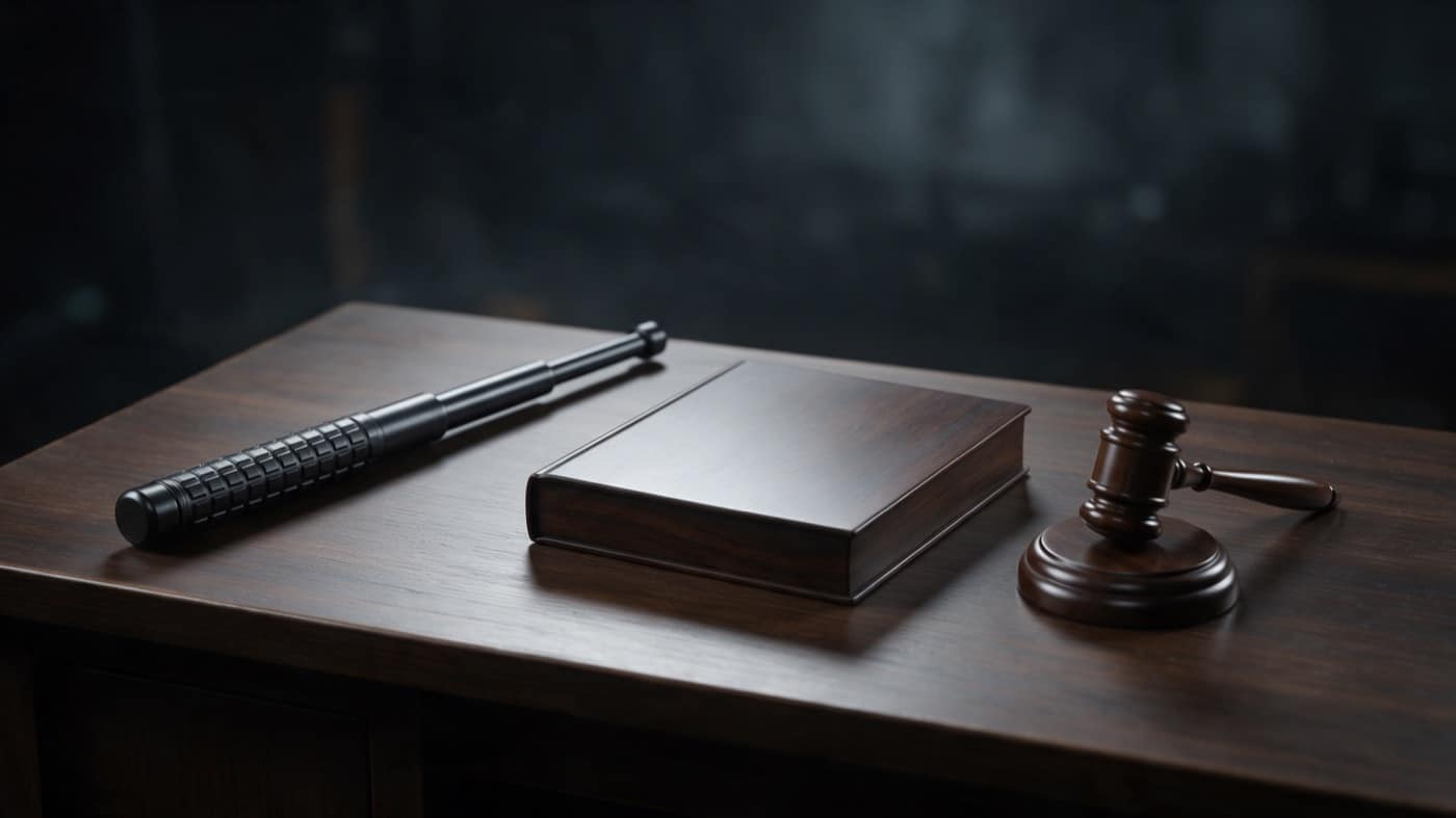 Matraque télescopique, code juridique et marteau de juge sur un bureau