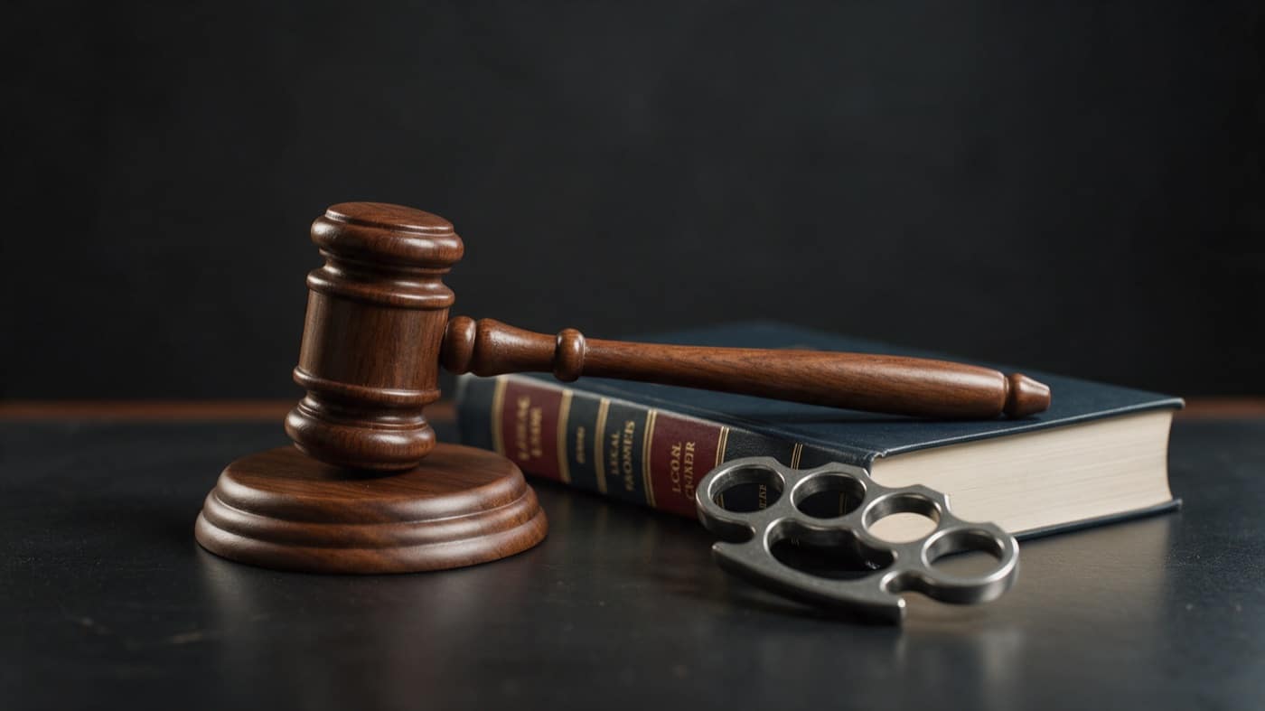 Marteau de juge, code juridique et poing américain sur un bureau